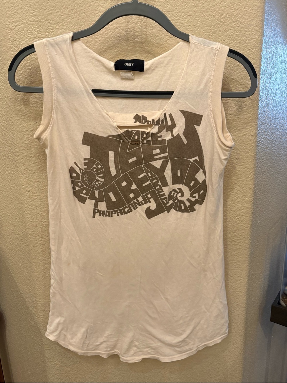 Vintage Obey Women Cream Tank with Brown Graphic Size Small-Made in USA